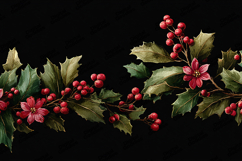 Watercolor Holly and Red Berries Flower Border Black Backgro Product Image 1