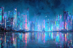 Neon Cyberpunk Cityscape Reflections Background Product Image 1