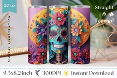 3D Sugar Skull Tumbler Wrap, Colorful 3D Skull Tumbler PNG Product Image 1