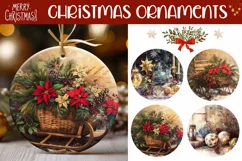 Watercolor Santa Sleigh Ornaments, Winter Round Ornament PNG Product Image 1