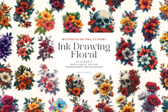 Watercolor Ink Drawing Floral Clipart Bundlle Product Image 1