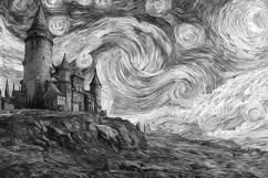 Black and White Fantasy Castle Swirling Sky Art Product Image 1