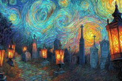 Colorful Swirling Sky Cemetery Lantern Art Background Product Image 1