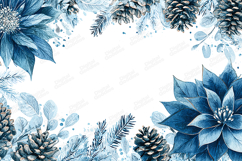 Watercolor Blue Poinsettia Winter Flowers Pinecone Frame Product Image 1
