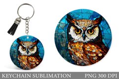 Stained Glass Owl Round Keychain. Owl Keychain Sublimation Product Image 1