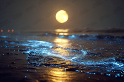 Bioluminescent Beach Waves Under Full Moon Light Product Image 1