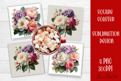 Hydrangea roses Sublimation Square coaster design Watercolor Product Image 1