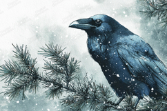 Watercolor Raven Bird Snowy Pine Branch Winter Monochromatic Product Image 1