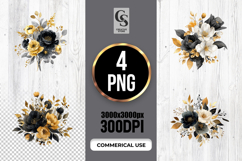 Black Gold Floral Watercolor Clipart Sublimation PNG Product Image 1