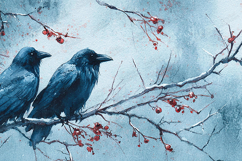 Watercolor Two Ravens Birds Snowy Branch Winter Blue Art Product Image 1