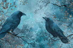 Watercolor Two Ravens Birds Gold Branches Blue Winter Backgr Product Image 1