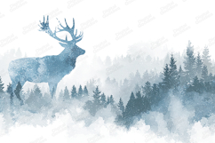 Watercolor Deer Elk Silhouette Misty Forest Winter Landscape Product Image 1