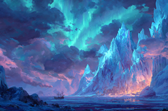 Fantasy Icy Mountains with Glowing Aurora Sky Art Product Image 1