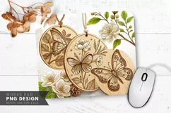 Hand Carved Wooden Butterfly and Floral Mouse Pad PNG Design Product Image 1