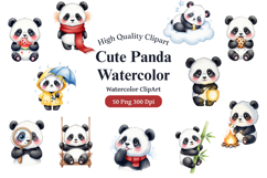 Cute Pastel Panda Watercolor Clipart,HandPainted Fluffy Bear Product Image 1