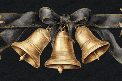 Watercolor Gold Bells Black Ribbon Holiday Elegance Art Product Image 1