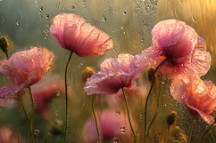 Pink Flowers Behind Rain Covered Window Background Product Image 1