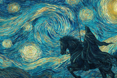 Knight on Horse Under Swirling Starry Night Art Product Image 1