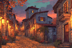 Warm Sunset Stone Village Street Illustration Art Product Image 1