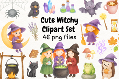 Watercolor Witch Clipart Set Cute Magical Witches, Animals Product Image 1
