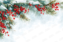 Watercolor Snowy Pine Red Berry Christmas Corner Border Product Image 1