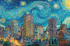 Starry Night Cityscape with Swirling Sky Artwork Product Image 1