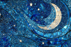 Blue Stained Glass Mosaic Moon and Stars Artwork Product Image 1