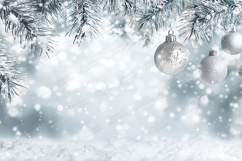Snowy Fir Branches Silver Ornaments Bokeh Winter Background Product Image 1
