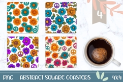 Cartoon Flowers Square Coasters, Hippie Square Coaster PNG Product Image 1