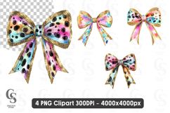 Rainbow Glitter Print Bow Watercolor Clipart Product Image 1