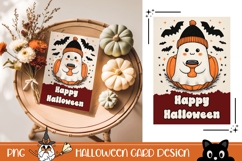 Happy Halloween Greeting Card Design, Cartoon Ghost PNG Product Image 1
