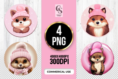 Winter Fox Clipart in Pink Hat Sublimation PNG Product Image 1