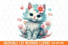 Adorable Cat Mermaid Clipart, Watercolor Clipart Product Image 1