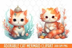 Adorable Cat Mermaid Clipart, Watercolor Clipart Product Image 1