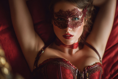 Elegant Woman in Red Lace Mask Product Image 1