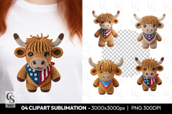 Patriotic Highland Cow Clipart Sublimation PNG Product Image 1