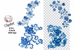Embroidery, Flowers, Lace, Elements, Clipart, Blue, PNG Product Image 1