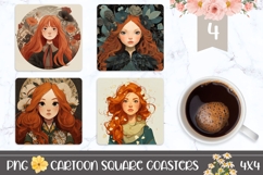 Cartoon Girl Square Coasters, Red Hair Girl PNG Product Image 1