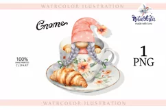 Watercolor gnome in a mug of tea with cookies, Gnome PNG Product Image 1