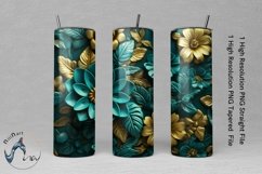 3D Teal and Gold Floral Skinny Tumbler Wrap Sublimation PNG Product Image 1