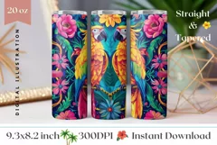 Ara Parrot Tumbler Wrap, Neon Tropical Flowers Tumbler PNG Product Image 1
