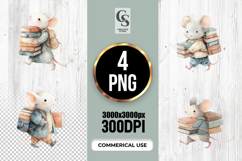Cute Mouse Carrying Books Watercolor Clipart Sublimation PNG Product Image 1