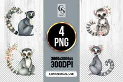 Cute Watercolor Lemur Floral Clipart Sublimation PNG Product Image 1