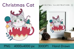 Christmas Cat Sublimation Design, Kawaii Cat PNG Product Image 1