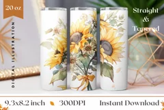 Flowers Tumbler Design, Watercolor Sunlowers Sublimation PNG Product Image 1