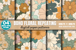 Boho Floral Repeating Patterns Digital Paper Background PNG Product Image 1