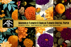 Marigold & Dahlia Flower Digital Paper | Flower Pattern Product Image 1