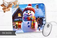Snowman with Colorful Scarf Front of Snowy House Mouse Pad Product Image 1