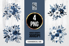 Navy Blue White Floral Watercolor Clipart Sublimation PNG Product Image 1