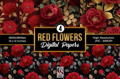 Red Flowers Pattern Digital Paper Product Image 1
